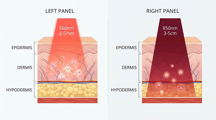 infographie montrant la profondeur de pénétration de la thérapie par lumière rouge 660nm versus lumière infrarouge proche 850nm pour la récupération de la peau et des muscles après une liposuccion