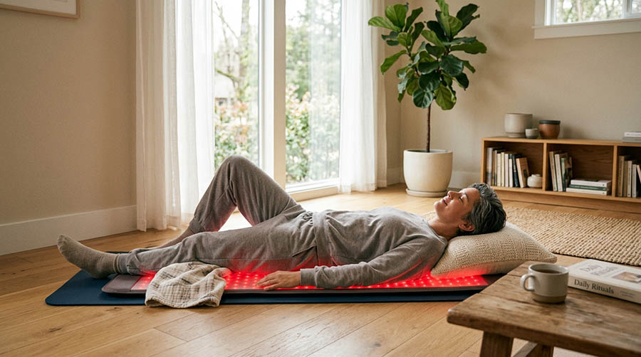 personne utilisant le tapis de luminothérapie rouge corps entier RedLightLux à domicile pour une routine quotidienne de récupération bien-être post-liposuccion