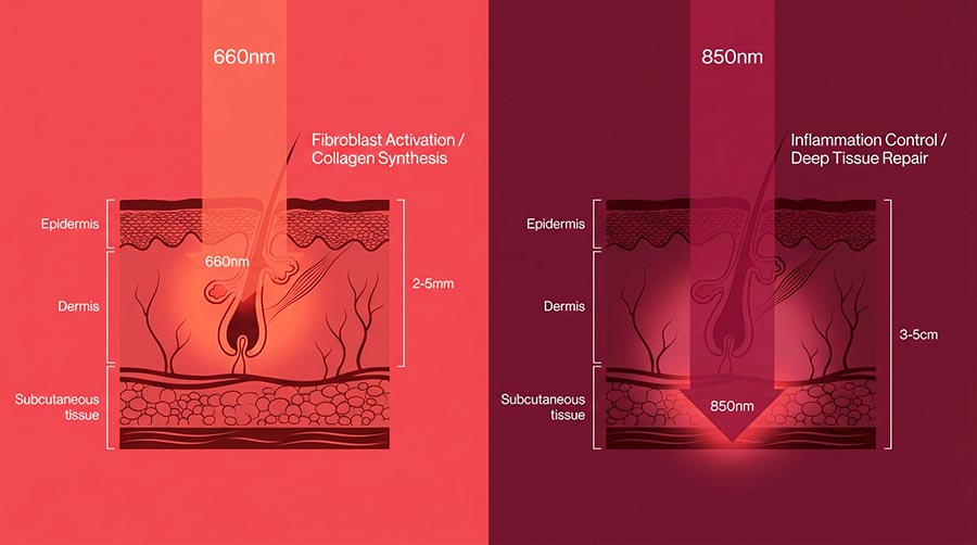 infographie montrant la profondeur de pénétration de la lumière rouge à 660nm par rapport au proche infrarouge à 850nm dans le derme pour le remodelage du collagène des vergetures et la réparation tissulaire
