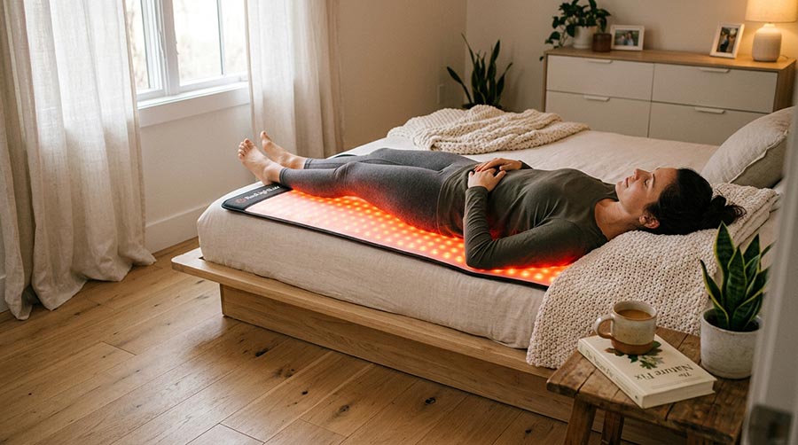 personne allongée sur le tapis de luminothérapie rouge RedLightLux à domicile pour un traitement complet des vergetures sur l'abdomen et les cuisses