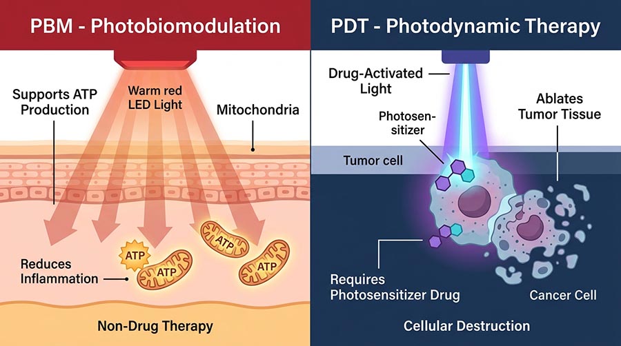 infographie comparant la photobiomodulation par luminothérapie rouge et la thérapie photodynamique PDT dans la prise en charge du cancer
