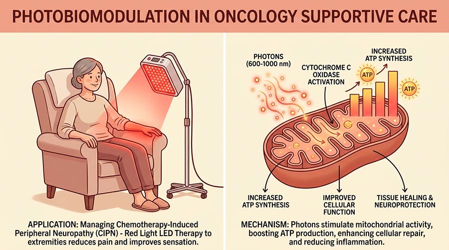 la photobiomodulation par luminothérapie rouge soutient les effets secondaires de la chimiothérapie, la neuropathie et la cicatrisation tissulaire dans les soins oncologiques