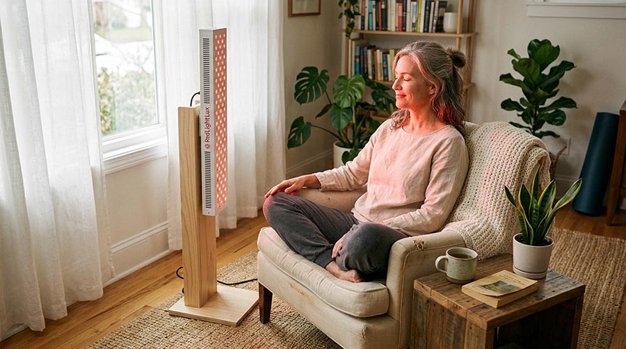 un survivant du cancer utilisant un panneau de luminothérapie rouge à domicile pour le bien-être et la récupération post-traitement