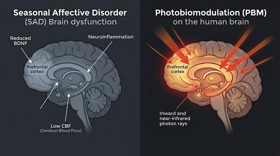 scientific illustration of red light therapy photobiomodulation mechanism affecting mitochondria and brain function for seasonal affective disorder SAD mood support