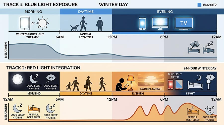 infographic comparing red light therapy circadian rhythm support vs blue light melatonin suppression for seasonal affective disorder SAD and winter mood