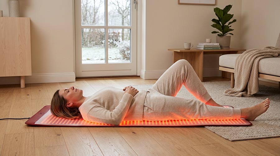 person relaxing with RedLightLux red light therapy mat at home during winter for seasonal affective disorder SAD mood support and wellbeing daily routine