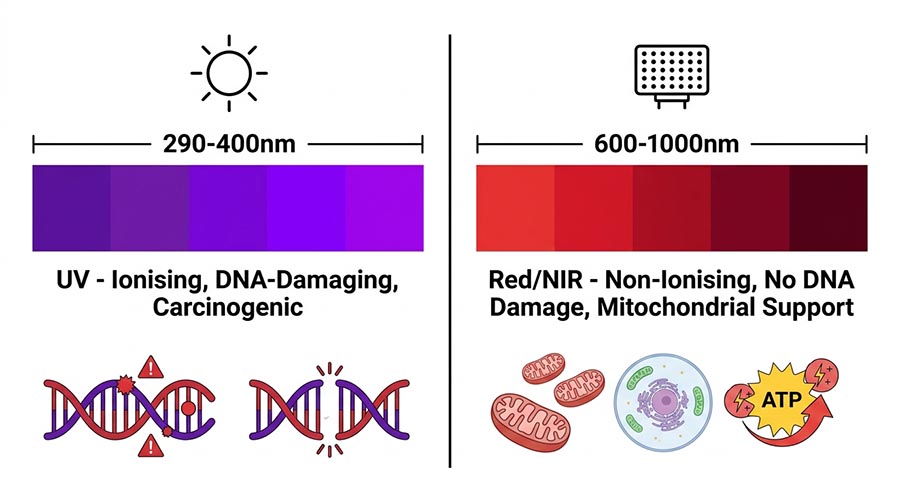 comparaison des longueurs d'onde de la lumière UV et de la luminothérapie rouge montrant pourquoi la lumière rouge ne provoque pas de cancer de la peau contrairement aux rayons UV