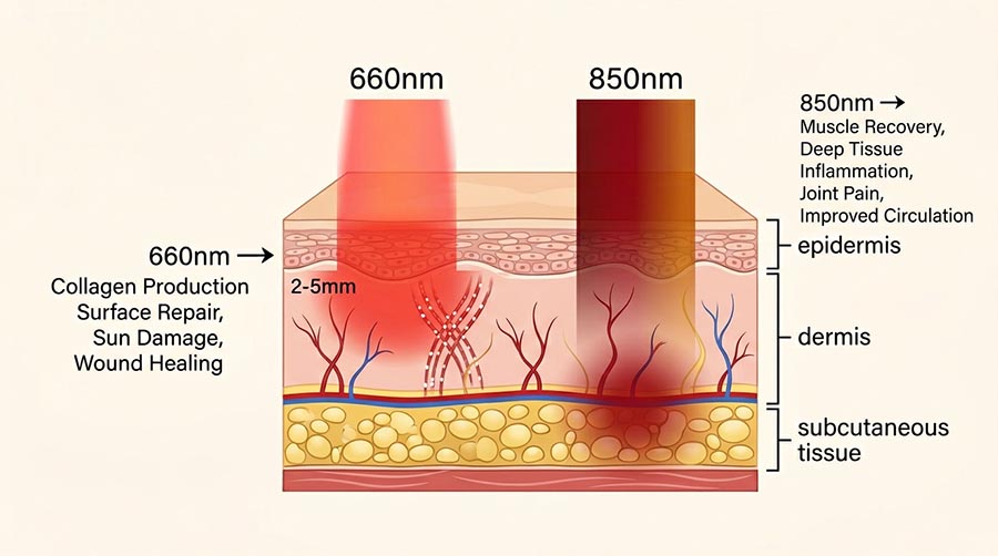 infographie montrant la profondeur de pénétration de la luminothérapie rouge à 660nm et de la lumière proche infrarouge à 850nm pour la réparation cutanée, la production de collagène et la cicatrisation post-chirurgicale