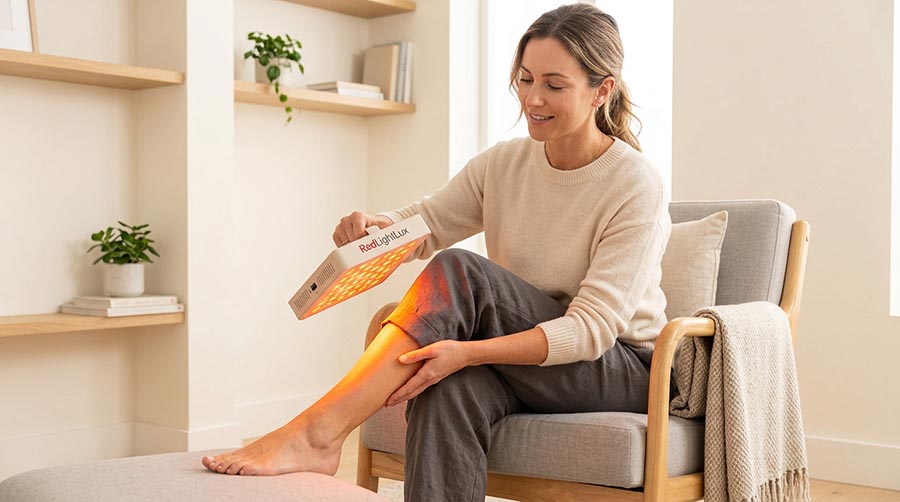 personne autorisée après un traitement du cancer de la peau utilisant le panneau portable de thérapie par lumière rouge RedLightLux à domicile pour la guérison de la peau et la récupération des dommages solaires