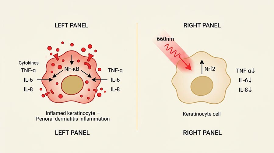diagramme scientifique illustrant la voie inflammatoire de la dermatite périorale et la façon dont la photobiomodulation à 660nm réduit la production de cytokines NF-kB dans les kératinocytes cutanés