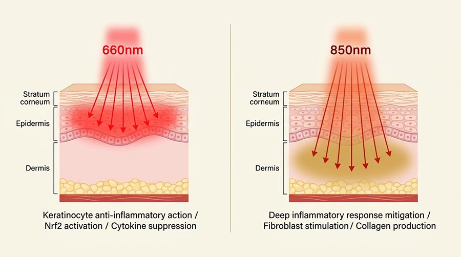 infographie comparant la profondeur de pénétration de la lumière rouge à 660nm et de la lumière proche infrarouge à 850nm pour la réduction de l'inflammation de la dermatite périorale et la réparation de la barrière cutanée