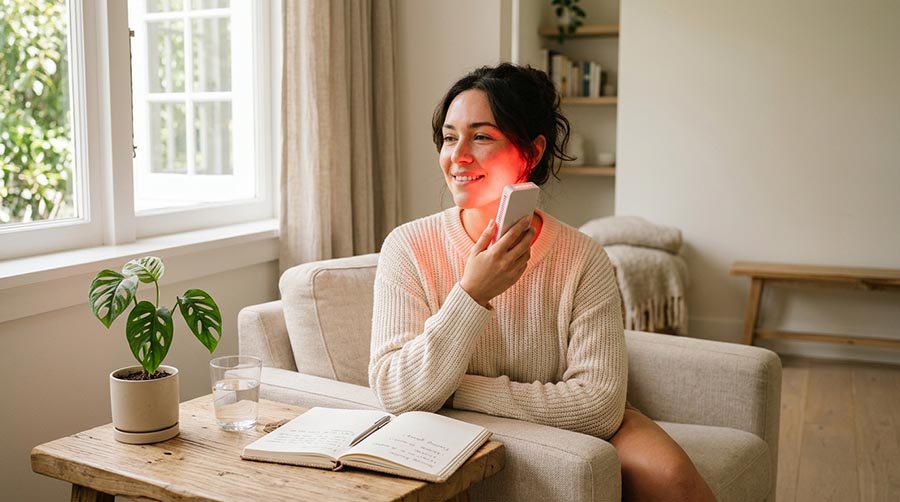personne utilisant le masque lumineux rouge RedLightLux à domicile pour la guérison cutanée de la dermatite périorale dans le cadre d'une routine bien-être quotidienne