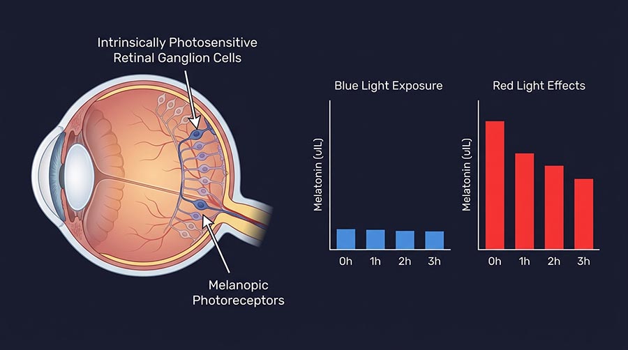 illustration scientifique montrant comment la lumière rouge à 660nm soutient la production de mélatonine et la régulation du rythme circadien pour un meilleur sommeil