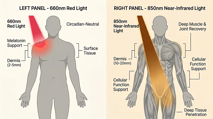 infographie comparant les bénéfices de la lumière rouge 660nm et de la lumière proche infrarouge 850nm pour le sommeil, le rythme circadien et le soutien à la mélatonine