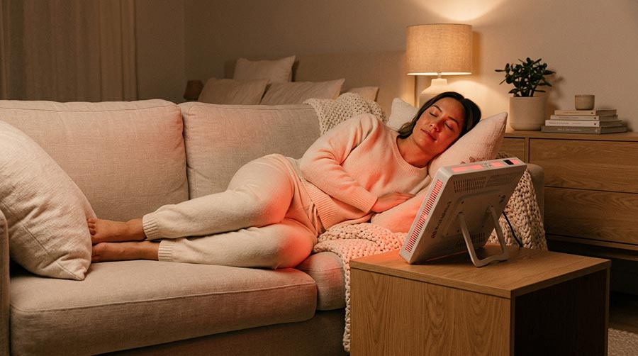 personne se relaxant avec un panneau de luminothérapie rouge portable RedLightLux dans une chambre doucement éclairée pour une routine bien-être du soir