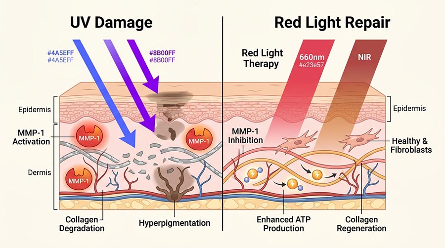 schéma scientifique montrant comment le rayonnement UV provoque la dégradation du collagène et comment la luminothérapie rouge à 660nm stimule la production d'ATP par le cytochrome c oxydase, la synthèse du collagène et la réduction du MMP-1 dans la peau photovieillie