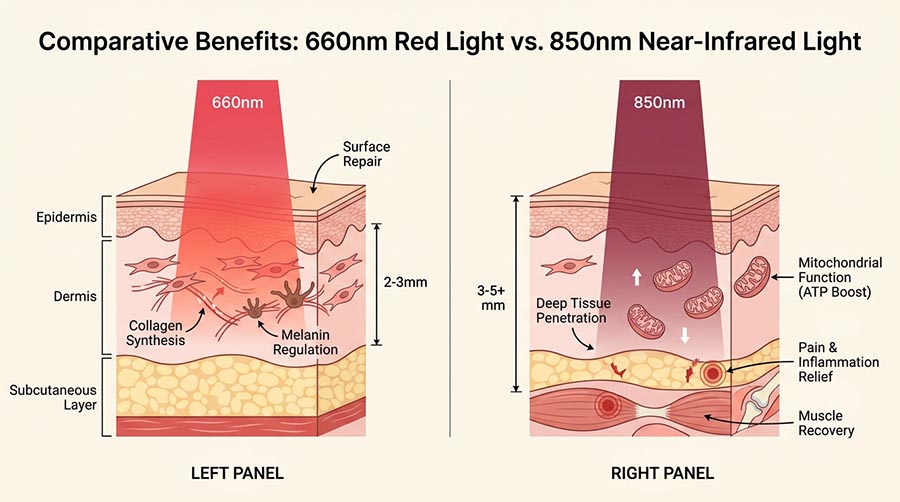 infographie comparant les bénéfices de la lumière rouge à 660nm sur les couches superficielles de la peau, la stimulation du collagène et la régulation de la pigmentation, par rapport à la lumière proche infrarouge à 850nm pour la pénétration profonde dans le tissu dermique, la réparation structurelle et la récupération du photovieillissement