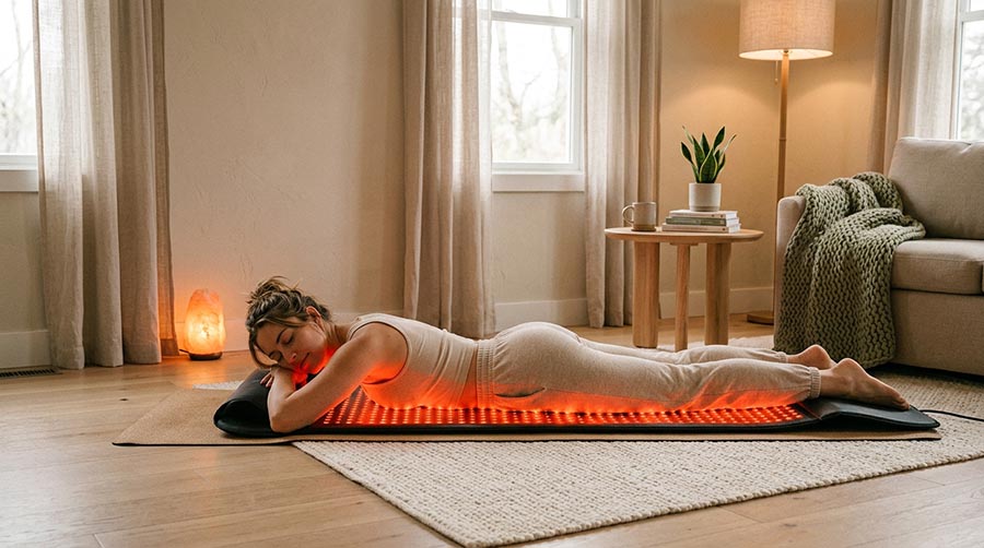 personne utilisant confortablement le tapis de luminothérapie rouge corps entier RedLightLux à domicile pour la réparation de la peau abîmée par le soleil routine quotidienne de bien-être lueur rouge ambiante chaude atmosphère de soin de la peau détendue