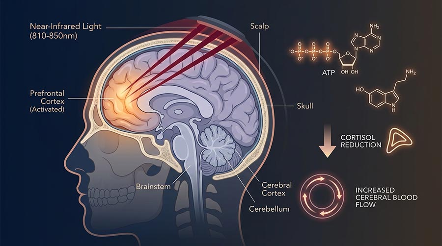 wissenschaftliche Illustration der transkraniellen Photobiomodulation, die zeigt, wie nahinfrarotes 810nm-Licht den Schädel durchdringt und den präfrontalen Kortex zur Angstreduktion, Stresshormonregulation und Nervensystemunterstützung erreicht