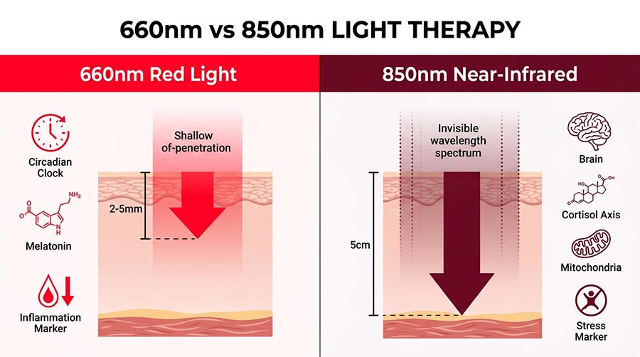 Infografik zum Vergleich der Oberflächenvorteile von 660nm-Rotlicht versus der tiefen Gehirndurchdringung von 850nm-Nahinfrarot zur Angst-Cortisol-Reduktion, Beruhigung des Nervensystems und Stressabbau