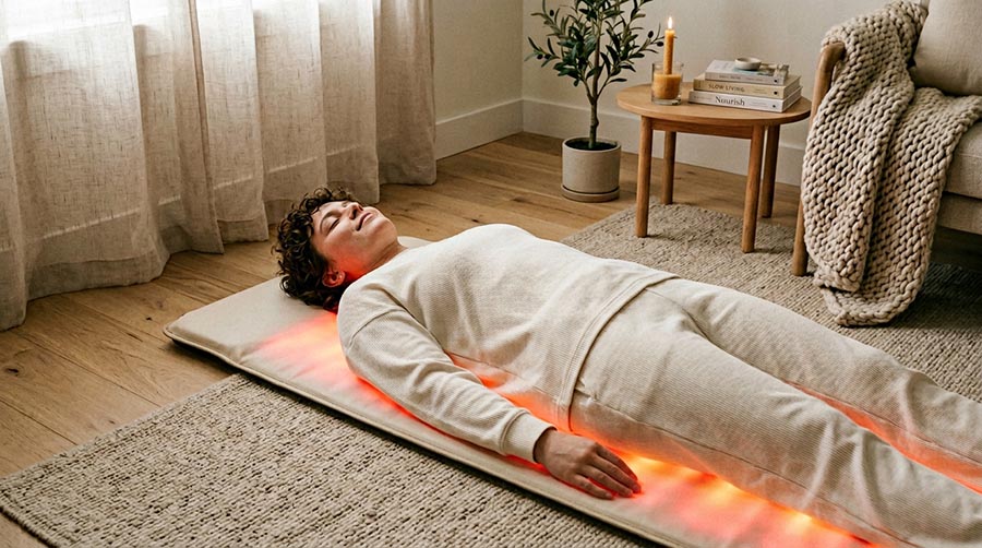 Person entspannt sich bequem mit einer RedLightLux Ganzkörper-Rotlichttherapiematte zu Hause warmes rotes Umgebungslicht ruhige Wellness-Atmosphäre tägliche Angstlinderung Routine für psychische Gesundheit