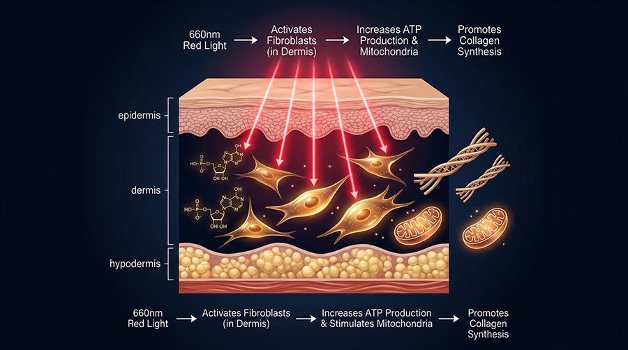 wissenschaftliches Diagramm des Photobiomodulations-Mechanismus der Rotlichttherapie bei 630nm 660nm, das Fibroblasten, Kollagenproduktion, ATP und Mitochondrien in der Hautdermis für Anti-Aging-Faltenreduktion aktiviert