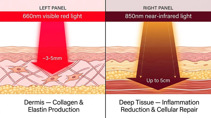 Infografik zum Vergleich der Vorteile von 660nm Rotlicht für oberflächliches Hautkollagen versus 850nm Nahinfrarot-Licht Tiefengewebedurchdringung für Anti-Aging-Faltenreduktion und Hautverjüngung
