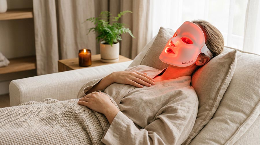 Person, die bequem ein RedLightLux Rotlichttherapie-Panel zu Hause in einer entspannten täglichen Wellness-Routine mit warmem roten Schein Anti-Aging Hautverjüngung feine Linien Falten Kollagen verwendet