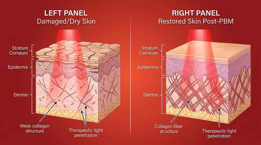 wissenschaftliche Illustration der Eindringtiefe von rotem 660nm und nahinfrarotem 850nm Licht in die Hautschichten zur Feuchtigkeitsversorgung trockener Haut und Barrierreparatur durch Photobiomodulation
