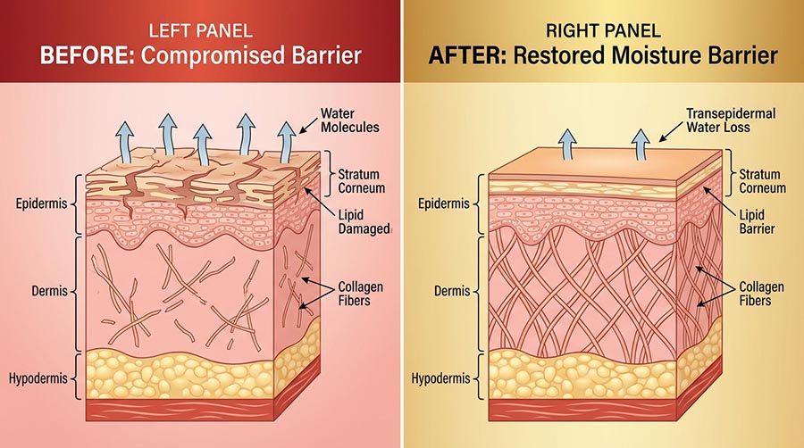 Infografik zum Vergleich trockener, geschädigter Hautbarriere vor der Rotlichttherapie mit feuchter, gesunder Haut nach Photobiomodulation, Kollagenwiederherstellung und Reparatur der Feuchtigkeitsbarriere