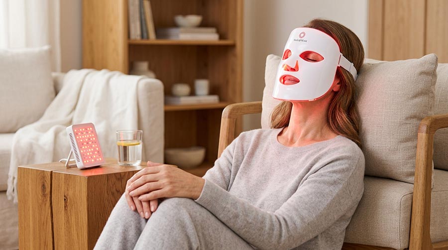 Frau verwendet RedLightLux Rotlicht-Gesichtsmaske und Therapiepanel zu Hause für die Feuchtigkeitsversorgung trockener Haut, Kollagenproduktion und Reparatur der Hautbarriere in der täglichen Wellness-Routine