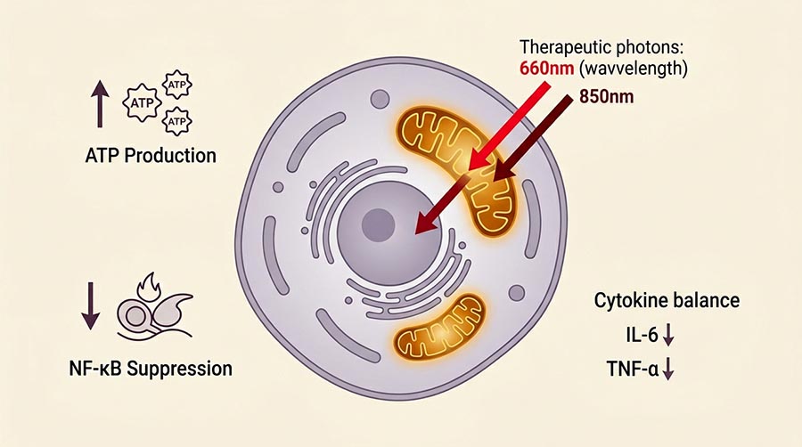 infografía científica que muestra el mecanismo de fotobiomodulación de la terapia de luz roja para el soporte inmunitario que reduce la inflamación, las citocinas IL-6 TNF, la producción de ATP cuando se está enfermo