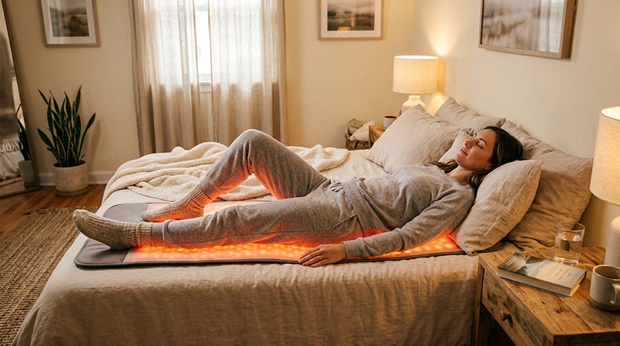 persona descansando con la esterilla de terapia de luz roja RedLightLux en casa para el apoyo inmunitario y la recuperación durante la enfermedad, rutina diaria de bienestar