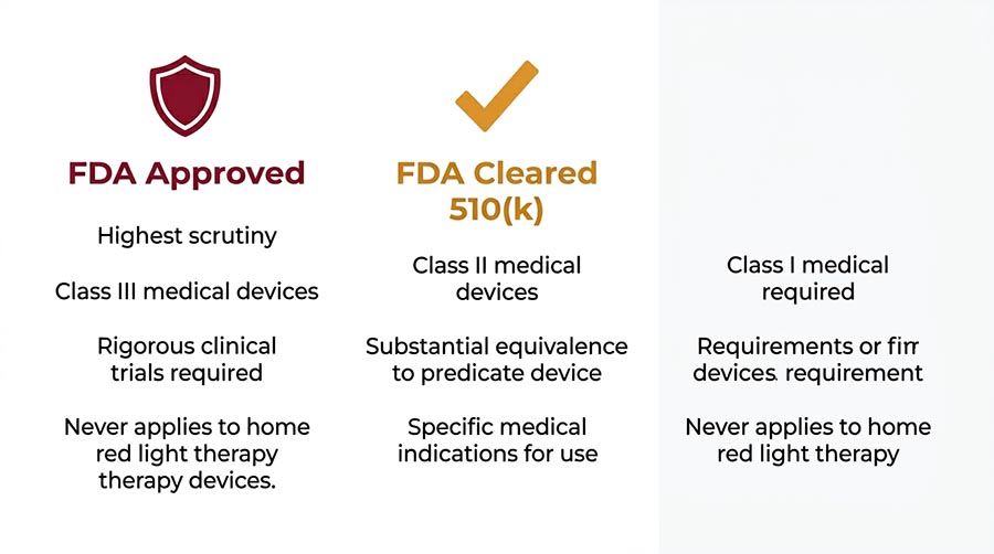 Infografik zur Erklärung von FDA-genehmigt vs. FDA-zugelassen 510k vs. FDA-registriert für Rotlichttherapiegeräte — Zertifizierungsleitfaden