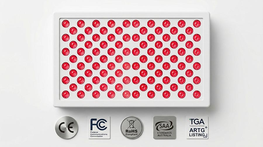 CE FCC RoHS SAA ARTG zertifiziertes Rotlichttherapiegerät — Zertifizierungen erklärt — internationale Konformität für Heim-Photobiomodulation