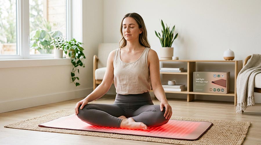 Person, die zu Hause eine zertifizierte Rotlichttherapiematte für die tägliche Wellness-Routine verwendet — FDA-registriertes Photobiomodulationsgerät sicher für Schlaf, Erholung und Hautverjüngung