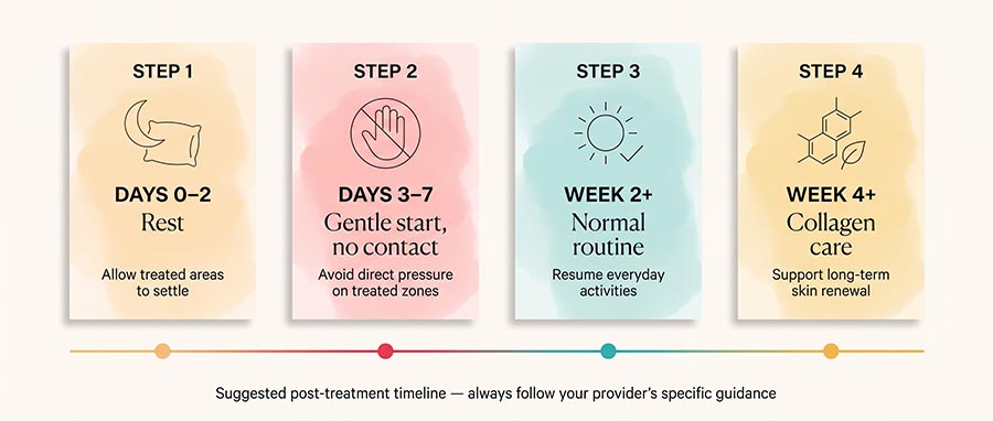 infographie du calendrier de récupération pour la luminothérapie rouge après des fillers montrant les phases de repos, de reprise en douceur et de routine normale après des injections d’acide hyaluronique