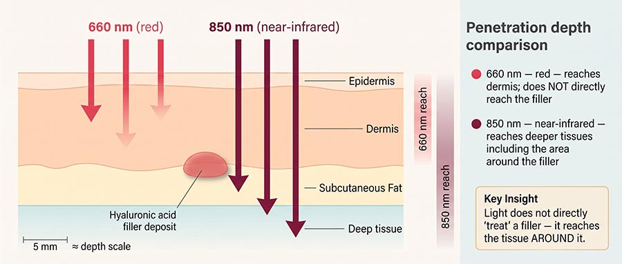 infographie comparant la profondeur de pénétration de la lumière rouge 660nm et de la lumière proche infrarouge 850nm dans les couches de la peau du visage par rapport à l’emplacement des fillers