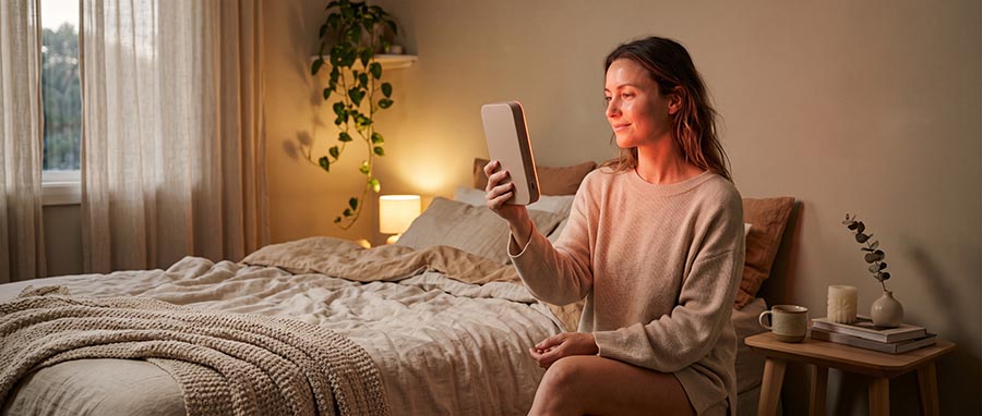 femme utilisant chez elle un panneau compact de luminothérapie rouge RedLightLux à distance sûre de son visage, dans le cadre d’une routine de soin douce après injections