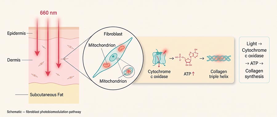 schéma de la luminothérapie rouge pour la production de collagène montrant les photons absorbés par les mitochondries des fibroblastes dermiques, l'augmentation de l'ATP et de nouvelles fibres de collagène et d'élastine