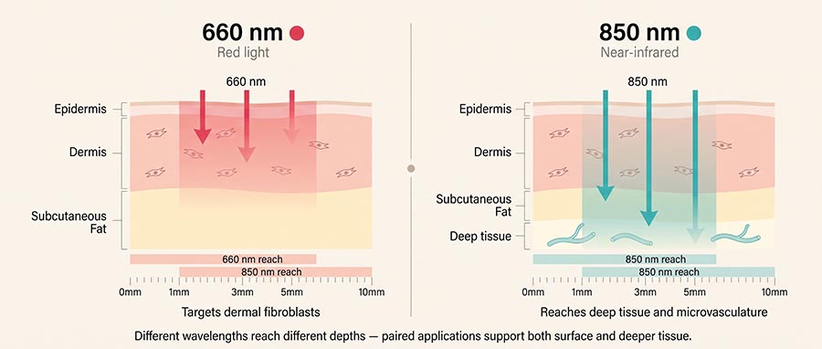infographie comparant la profondeur de pénétration de la lumière rouge 660nm et du proche infrarouge 850nm dans les couches de la peau pour la production de collagène et la stimulation des fibroblastes