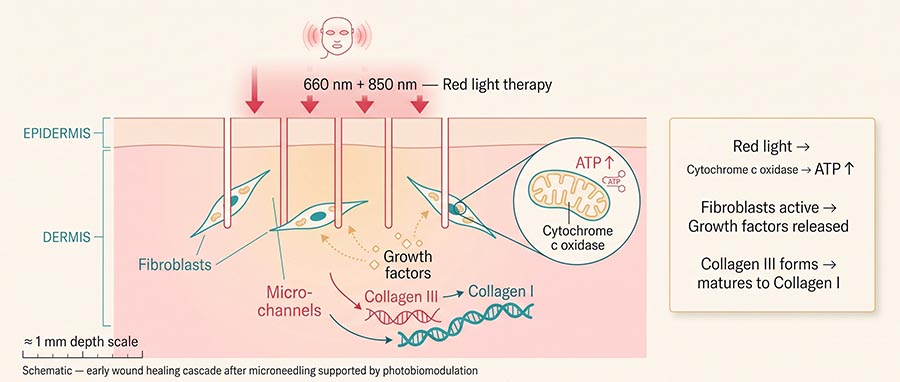 schéma scientifique de la luminothérapie rouge après microneedling montrant les micro-canaux dans la peau, l'activation des fibroblastes, la production d'ATP et le remodelage du collagène