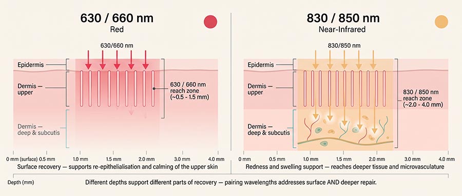 infographie comparant la profondeur de pénétration dans la peau de la lumière rouge 630nm et 660nm et du proche infrarouge 830nm et 850nm après microneedling