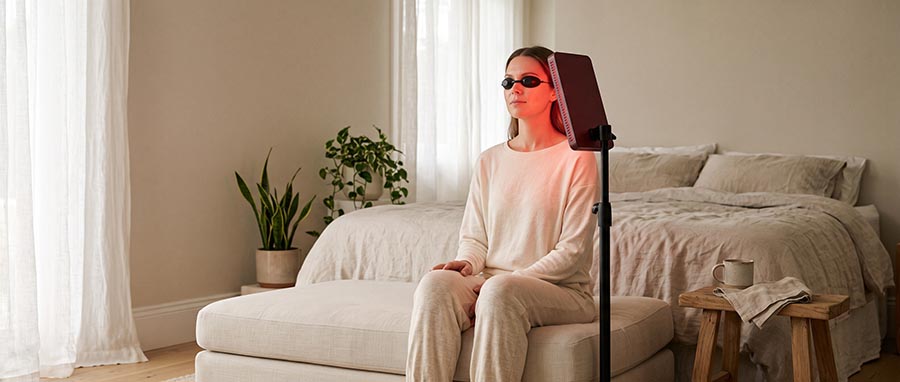 femme se relaxant chez elle avec un panneau de luminothérapie rouge dans le cadre de ses soins post-microneedling et de sa routine quotidienne de rajeunissement de la peau